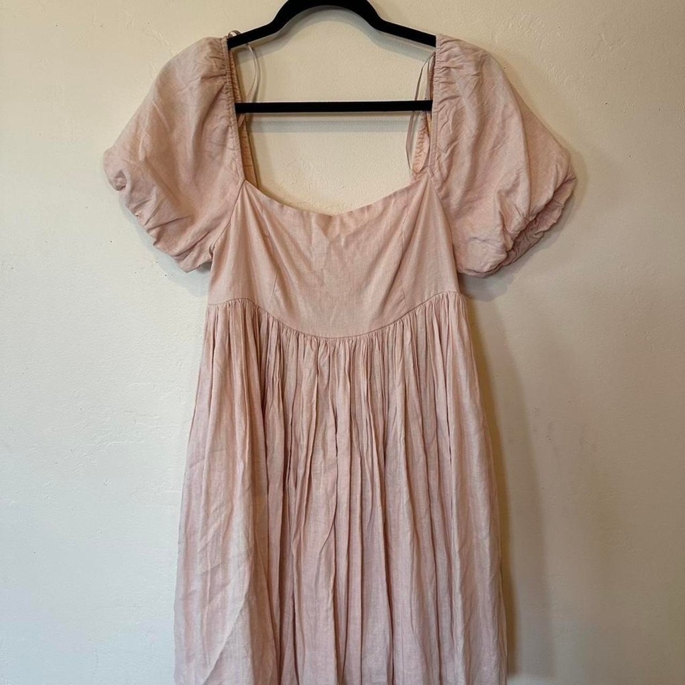 Mabel Pink linen dress with puffy sleeves and square neckline cottage core fairy